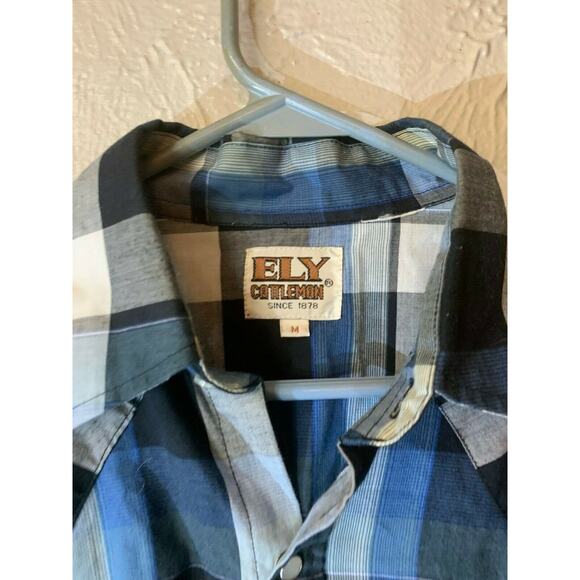 Ely Cattleman Western Pearl Snap Shirt Blue Black Plaid Western Cowboy Medium - Picture 3 of 3